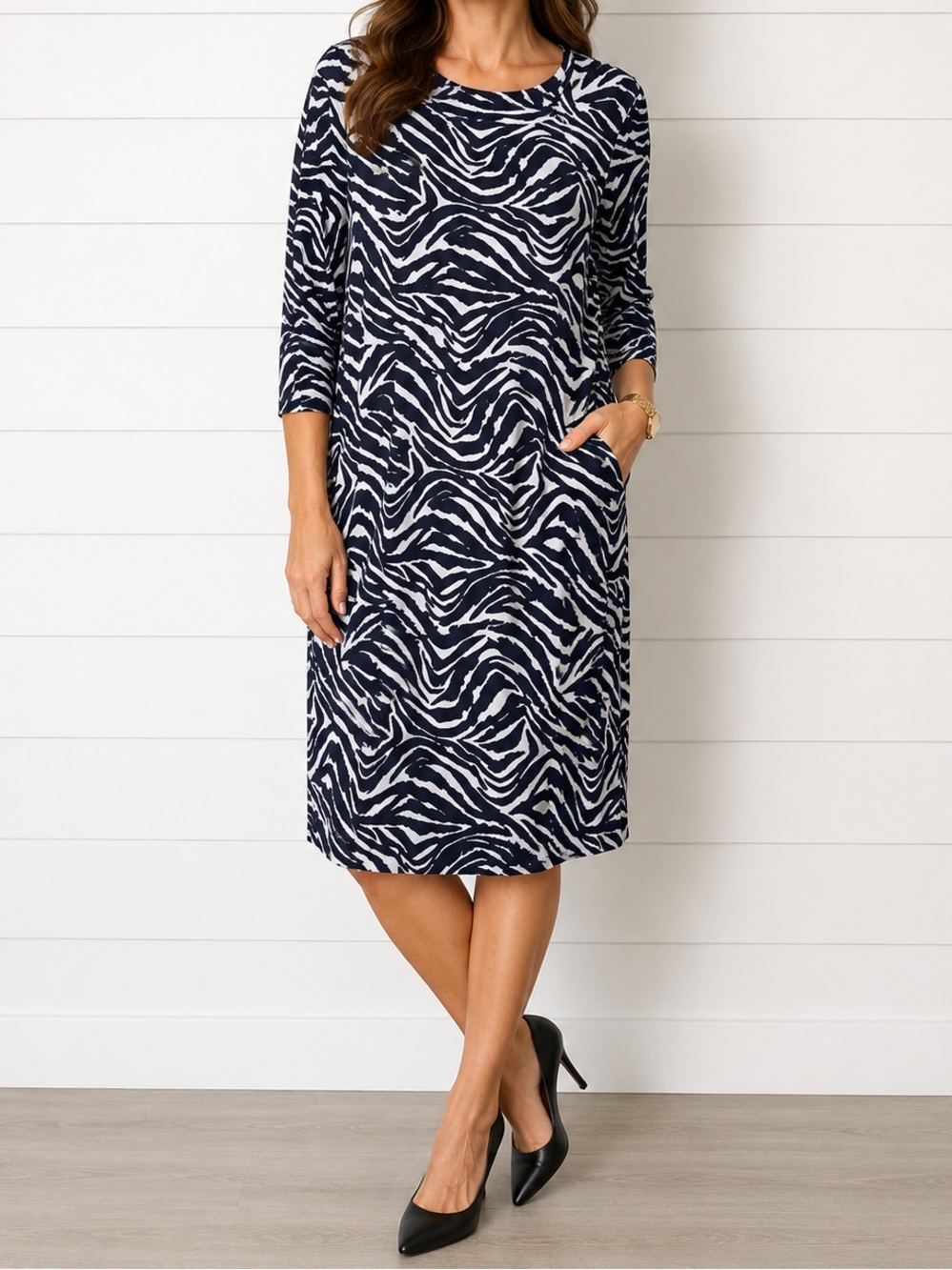 Michael Michael Kors Zebra Print Sheath Dress Navy White MK Logo Zip Shoulder L